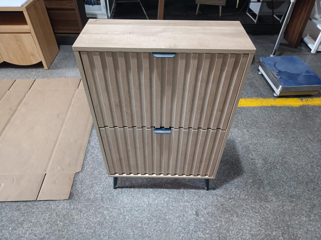60 Cm Shoe Cabinet In Natural Wood Look, Freestanding, Mid-Century Modern Style, Two Tilt Compartments, Grooved Surface; for Entrance Areas, Foyers