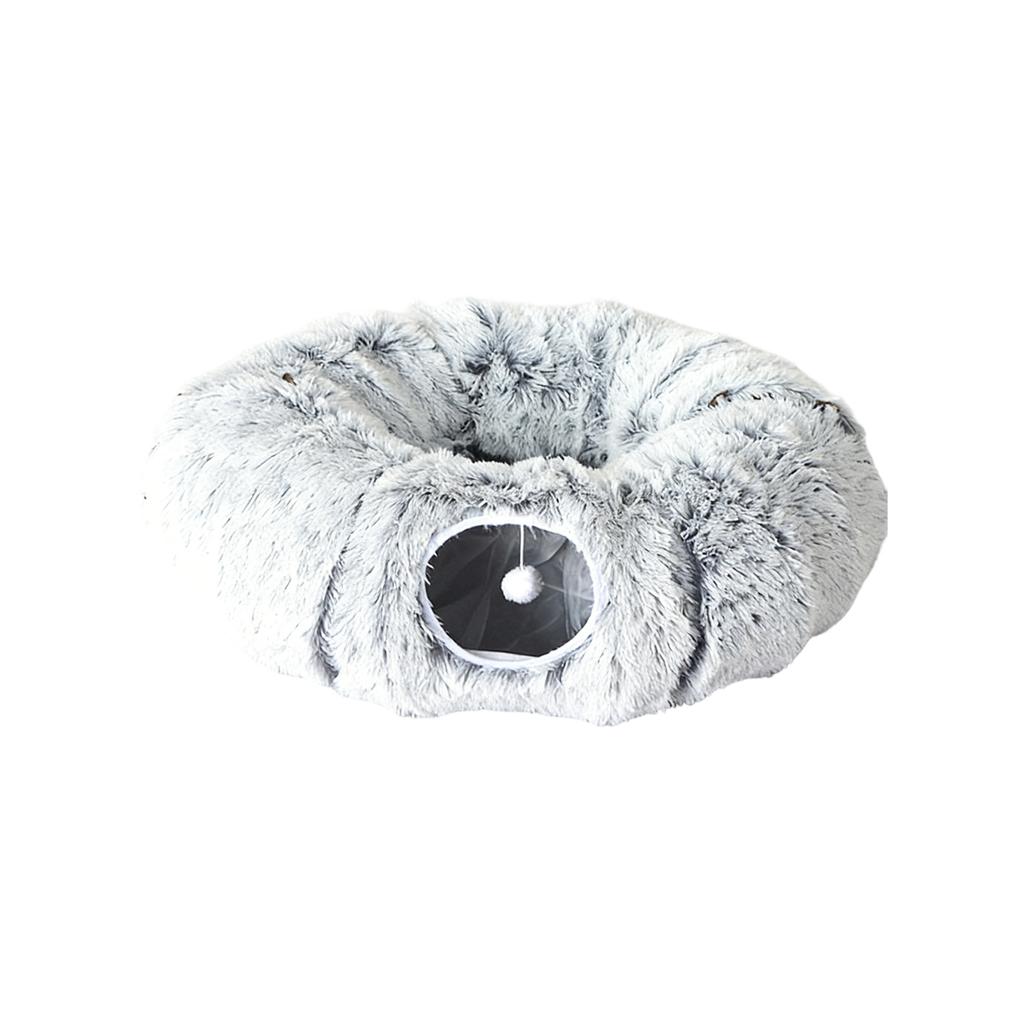 Plush Foldable Donut Cats Tunnel - Warm PV Fleece Cats Cave With Hanging Pom-Pom Toy, Self-Entertaining Pet Hideout & Rest Bed For Cats