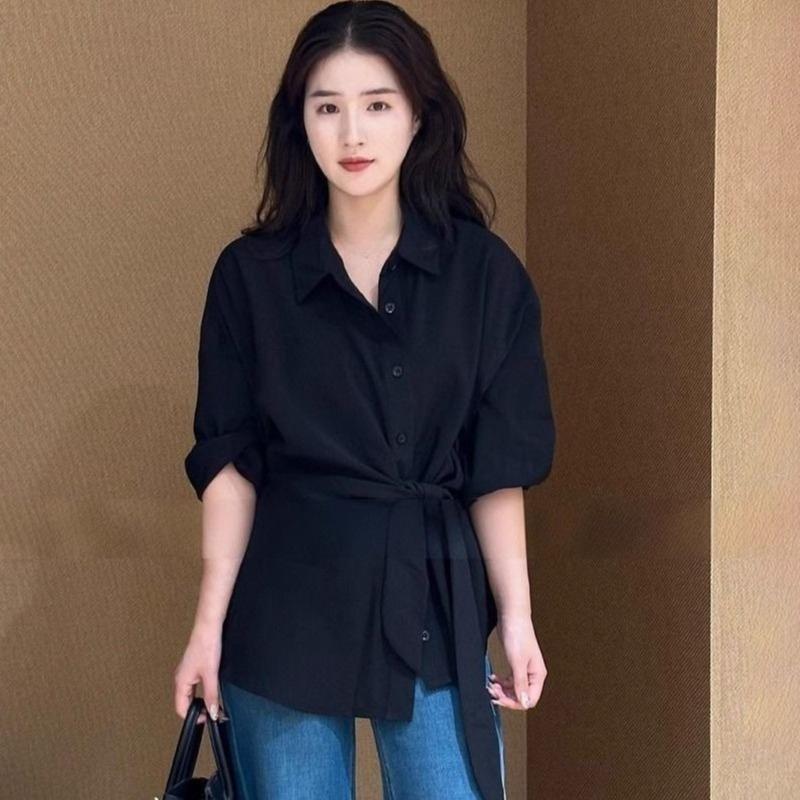 Women's Solid Color Shirt Female Strap Turn-Down Collar Long Sleeves Blouse New Korean Style Versatile Loose Lady Top