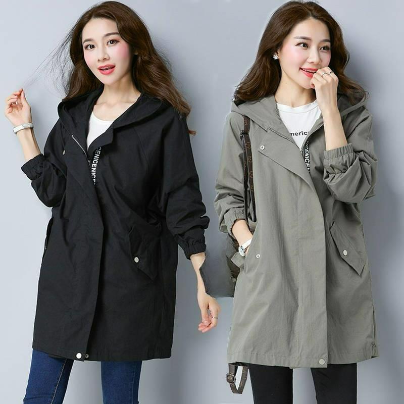 Hooded Zipper Windbreaker Women's Spring and Autumn Fat Mm Plus Fat Slimming Top Women's Mid-length Jacket