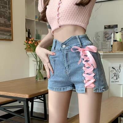 Sommer Süße Bandage Denim Shorts Frauen Koreanische Nette Chic Hohe Taille Kurzen Hosen Kawaii Mädchen Harajuku Sexy Y2k Punk Jeans