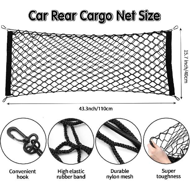 Tallew Cargo Net 3 Pocket Trunk Organizer Stretchable Trunk Mesh Cargo Net with Hooks Screws Buttonholes Black Mesh Trunk Grocery Storage Bag for