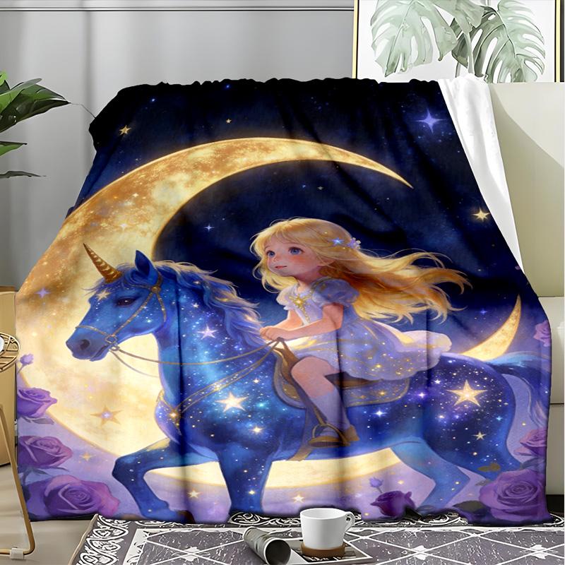 Moon Unicorn Girl Fleece Blanket, Fantasy Throw