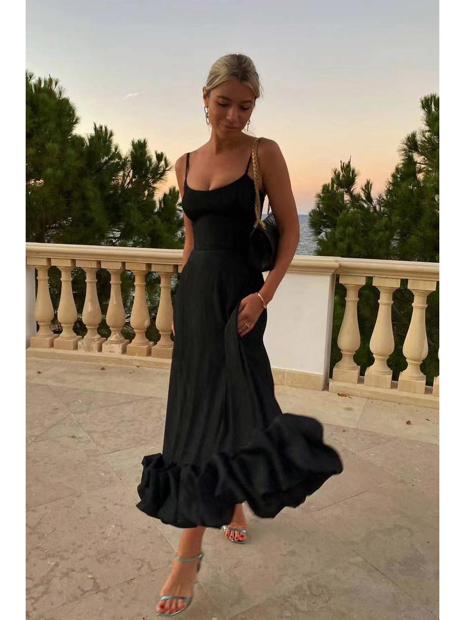 

Жіноча літня плісирована сукня на підтяжках - довга спідниця в європейському та американському стилях M чорний