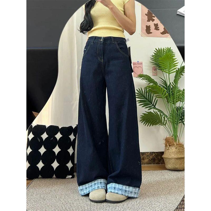 

Real Shot American Letters Embroider Bows Gingham Color Contrast Patchwork Denim Female Loose Slimming and Wide Leg Mop Pants Dark blue pants recommend height 155-165cm XL