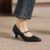 Krazing Pot Genuine Leather Round Toe Thin Heels Summer Shoes Solid Big Size 42 Shallow Decoration buckle Women Shallow Pumps