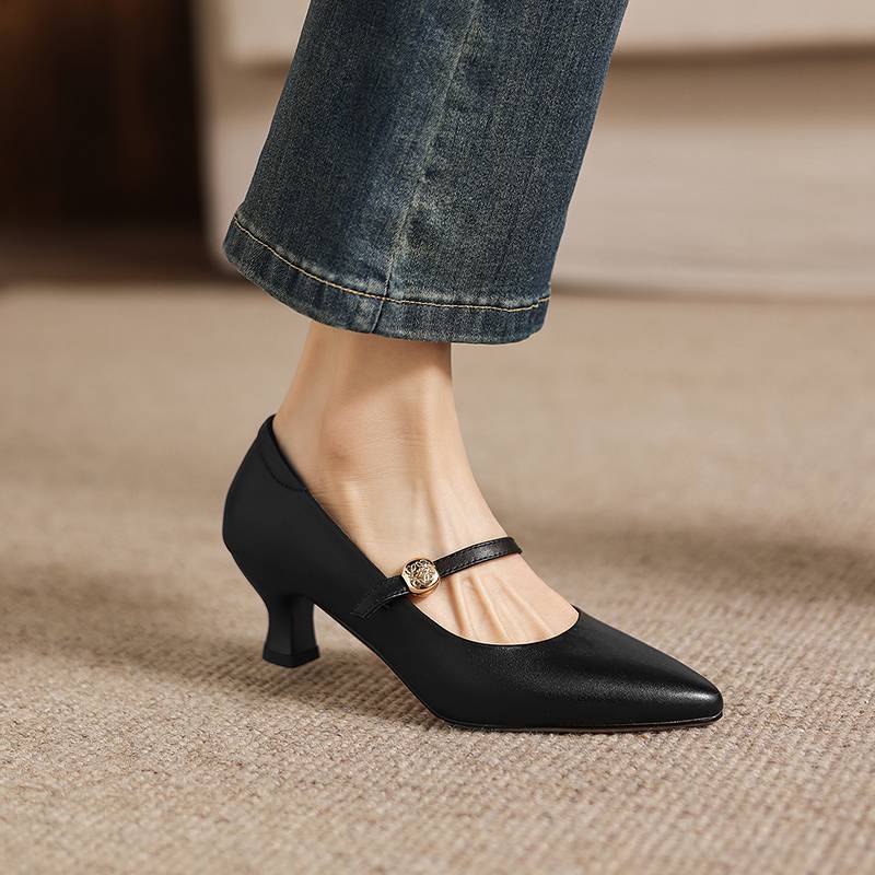 Krazing Pot Genuine Leather Round Toe Thin Heels Summer Shoes Solid Big Size 42 Shallow Decoration buckle Women Shallow Pumps