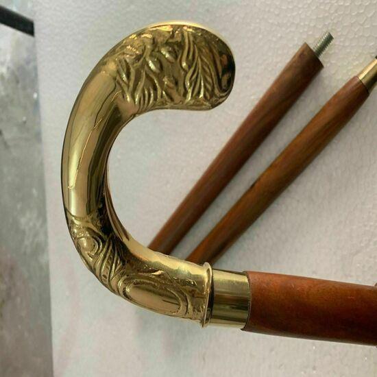 Antique Solid Brass Engraved Head Handle Victorian Wooden Walking Stick Cane