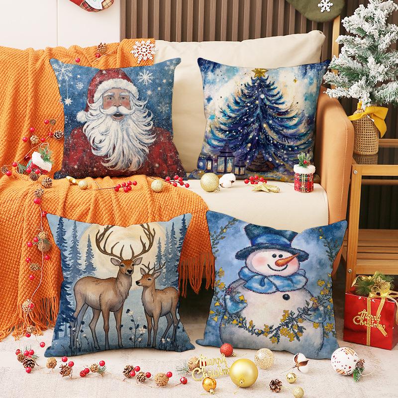New Christmas Pillow Cover Linen Print Car Cushion Cartoon Cute Living Room Sofa Cushion