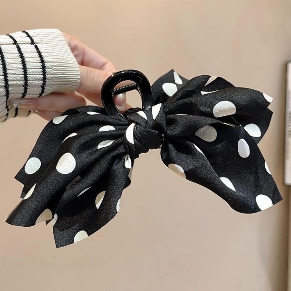1pc French Black and White Polka Dot Bow Shark Sweet and Cute Clip Three-dimensional Fabric Grab Clip High-end Feel Head Clip