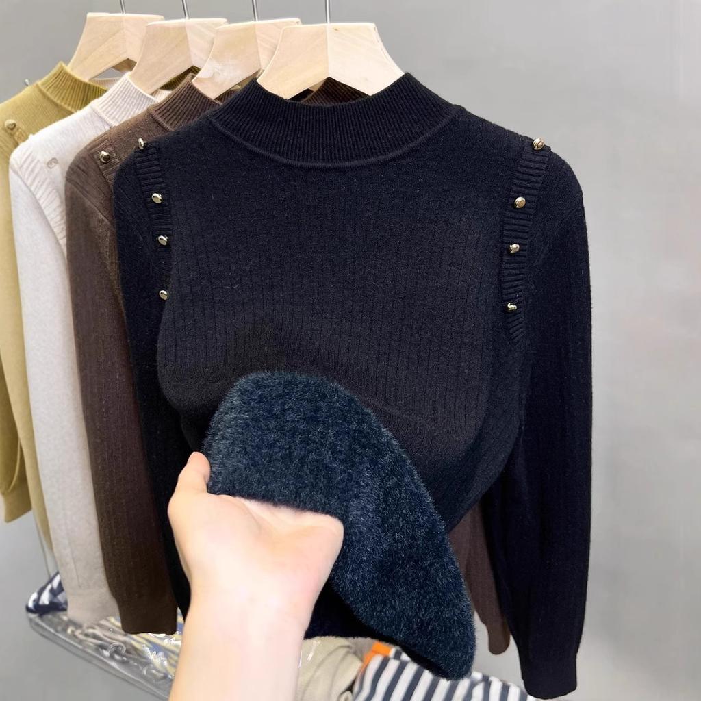 Pulover de Toamnă și Iarnă pentru Femei Plus Catifea Gât Mediu Înalt Cămașă de Bază All-in-one Catifea Îngroșată Hanorac Nou Pulover Tricotat Top