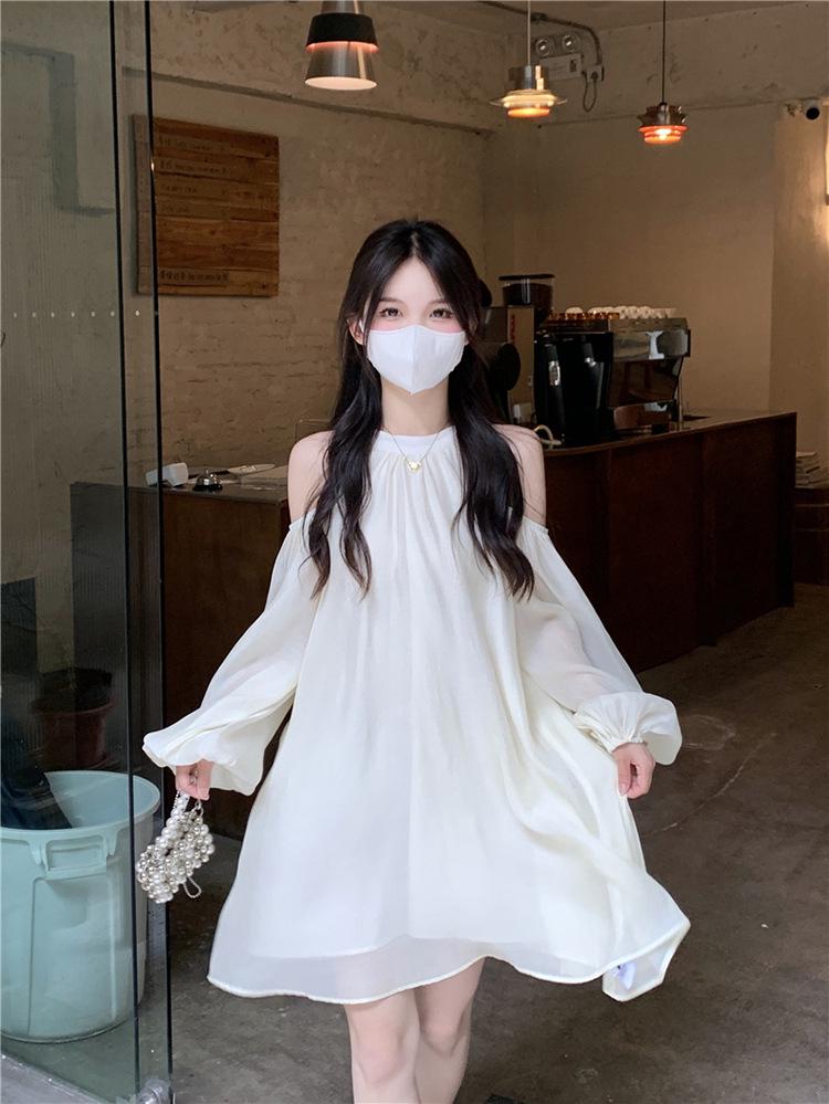 Off-Shoulder Halter Neck White A-Line Dress - New for Summer & Fall 2023