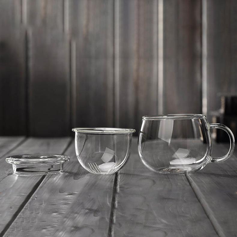 High Borosilicate Glass Flower Tea Cup with Flat Lid and Handle - Three-Piece Design for Tea Brewing and Water Separation