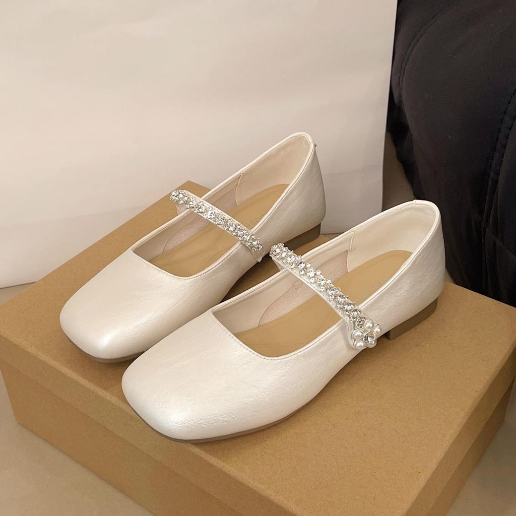 Mary Jane Flats with Rhinestone 2025 New Square Toe Soft Sole Shallow Versatile Women's Shoes Spring and Autumn Fashion Footwear