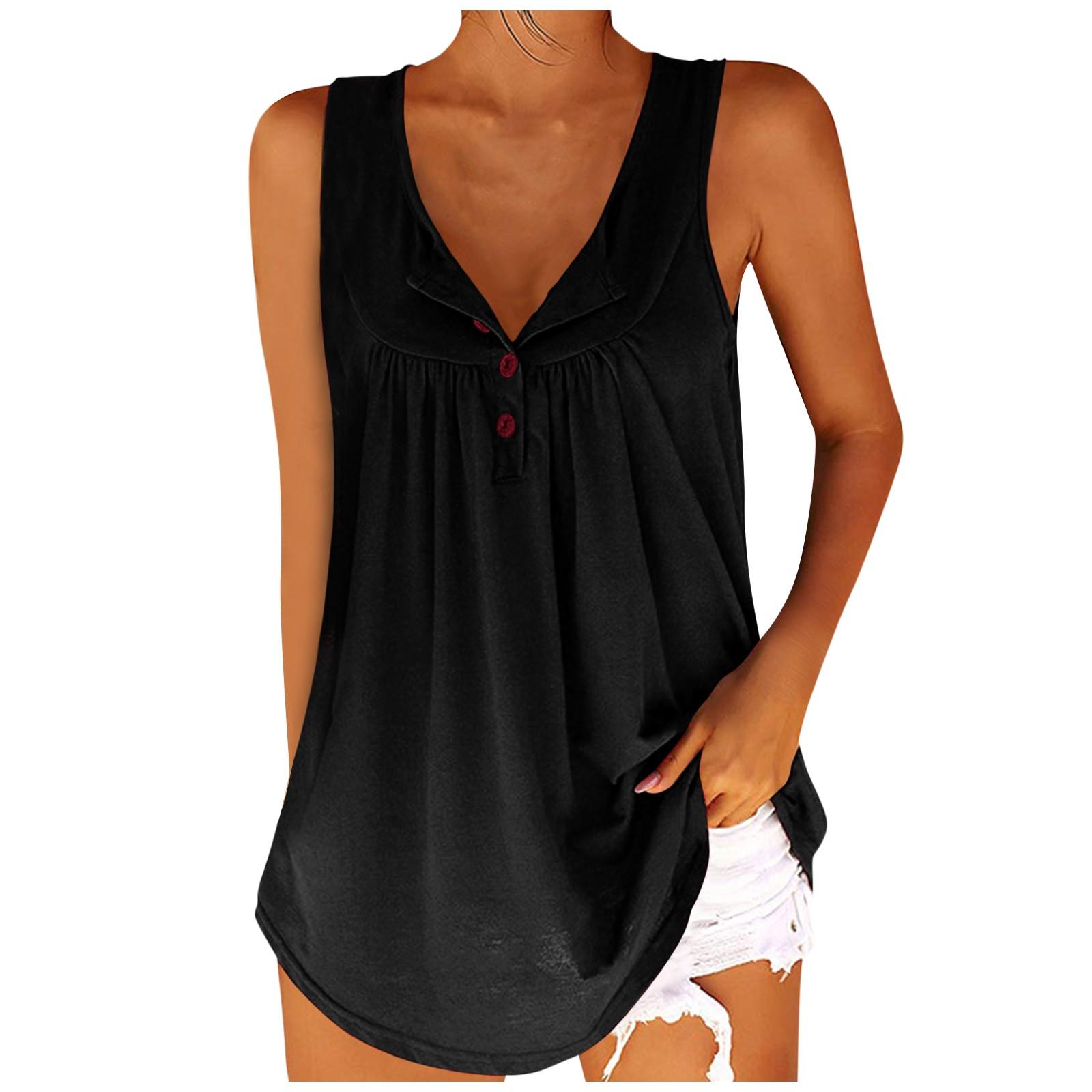 Women s Fashion Casual Loose Pleated Button Sleeveless Vest Tank Top S чёрный