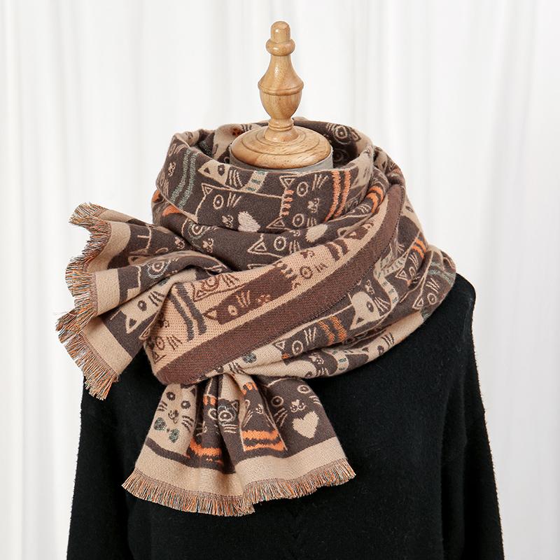 Cat Animal Printed Pashmina Shawls Scarf For Woman Winter Warm Wraps Thick Imitate Cashmere Fashion Big Size Scarves