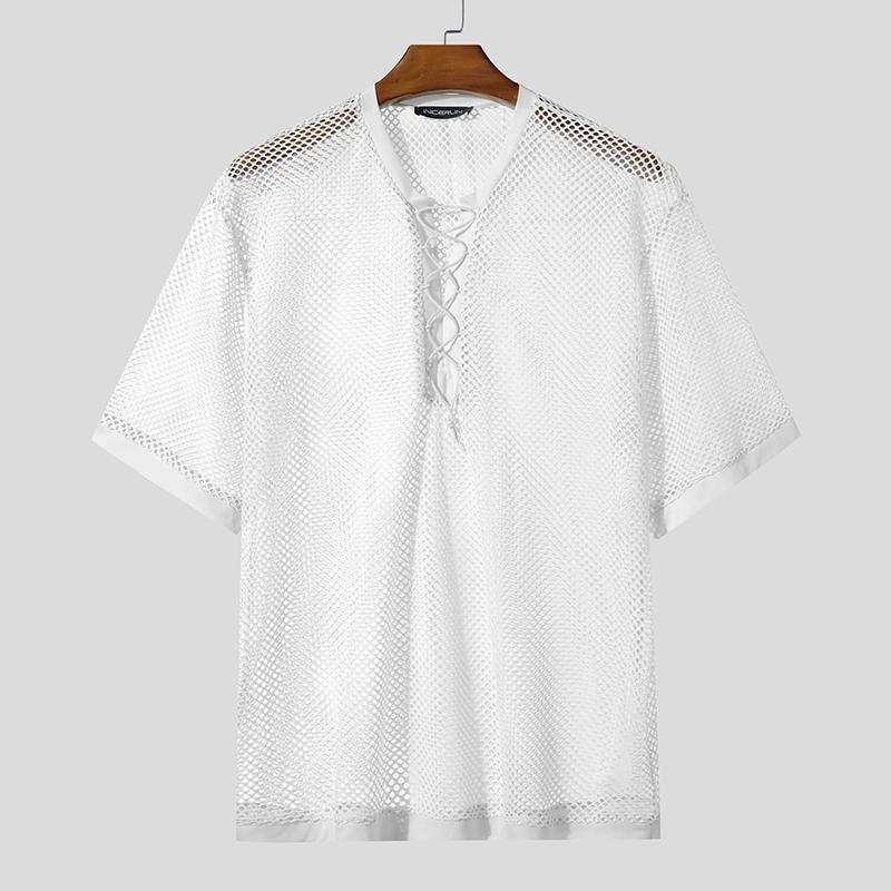 

INCERUN Мужские футболки с коротким рукавом, шнуровкой на шее, сетчатые, прозрачные, для пляжа 4XL