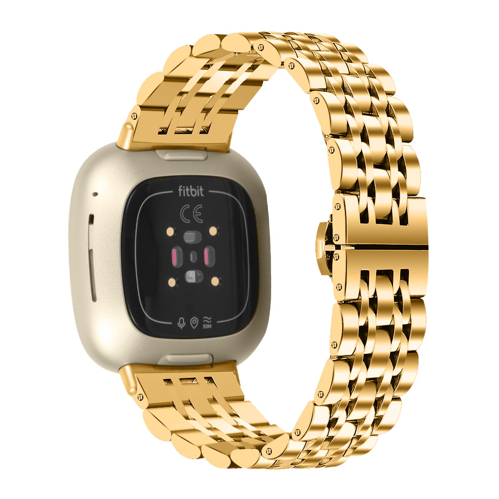 

For Fitbit Sense 2/Versa 4 Stainless Steel Watch Band Stylish 7 Beads Design Replacement Wrist Strap Gold