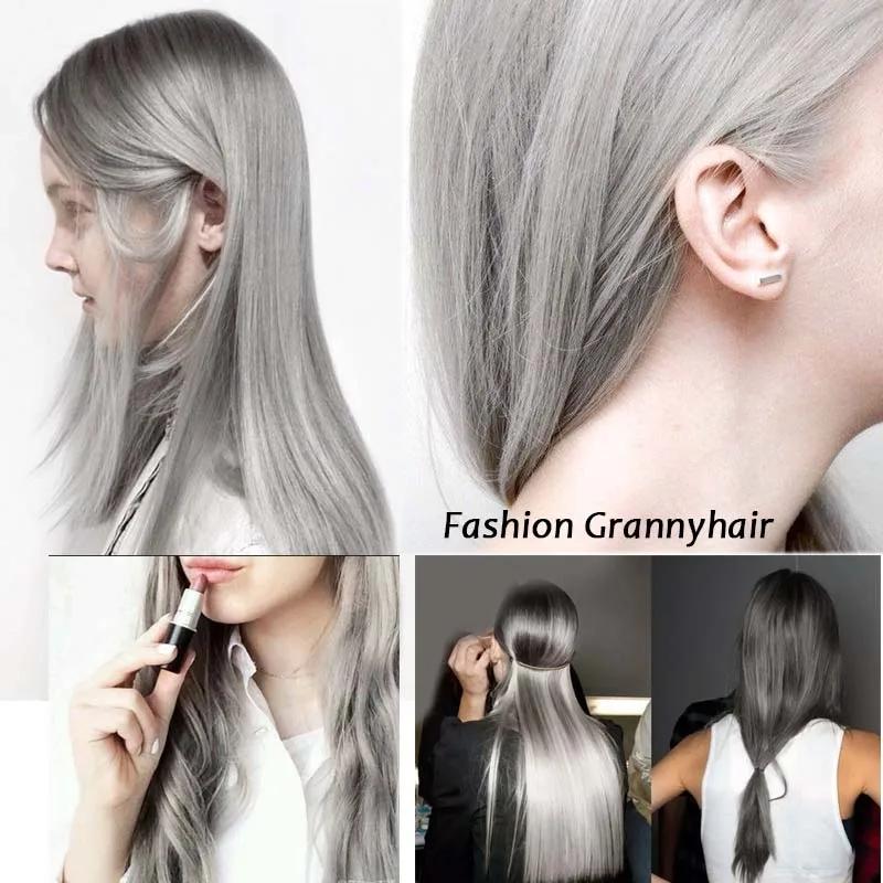 Clip In Hair Extensions For Women One Piece 5Clips Straight&Wavy Hair Black Gray Ombre Color Cosplay Hairpieces