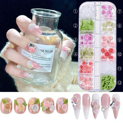 12 Box Set of Spring Rose and Green Leaf Nail Accessories, Three-dimensional Flower and Leaf Resin Pearl Mixed Nail Accessories