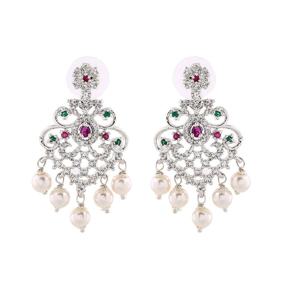 Estele Women's Earrings with Rhodium Plated CZ Manbhavan, Pearls and Multicolor Crystals
