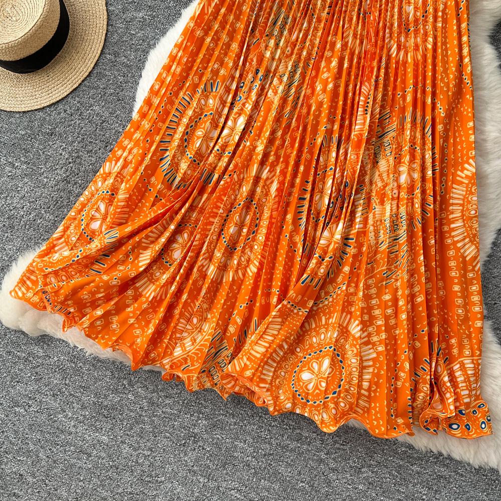 Spring Summer Women Elegant Print Elastic Waist Long Maxi Holiday Beach Pleated Skirt Only Have One Size