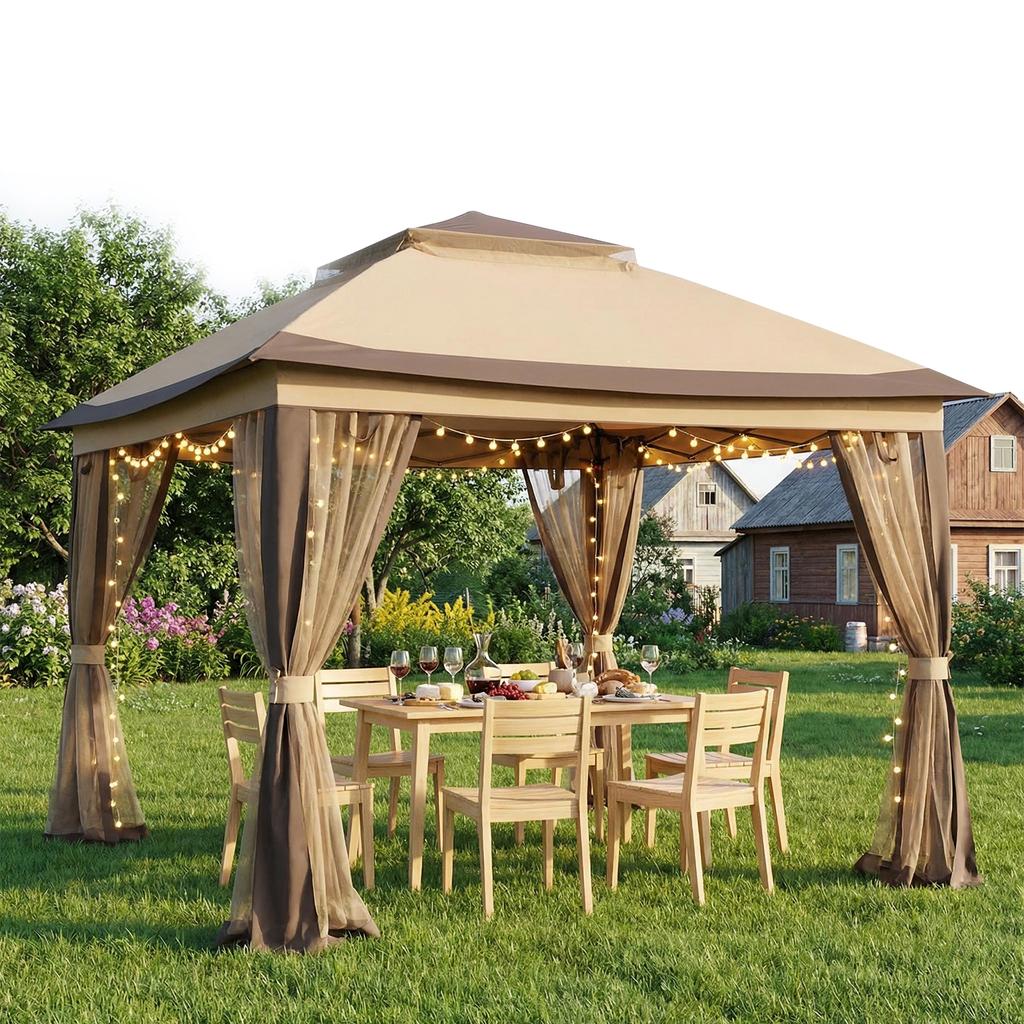 10x10ft Double Roof Canopy Tent with Metal Frame & Stakes & Mosquito Nets with Privacy Screen for Decks & Backyards Patio Party