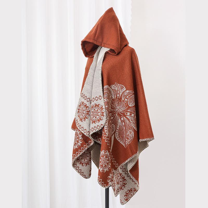 Winter Women Scarf Hooded Layers Poncho Elegant Lady Retro Floral Print Warm Wrap Shawl Scarve Capa Para Mujer Pashmina Cloak