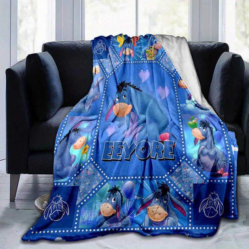 1pc. Eeyore Cartoon Quilt Blanket for Home Decor, Seasonal Use, Gift Idea, Blue Background with Hearts and Flowers Design,Soft Flannel Throw