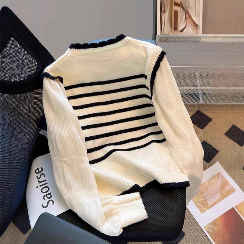 Striped knitted sweater women's new spring and autumn fake two sweaters women's great-looking early autumn top