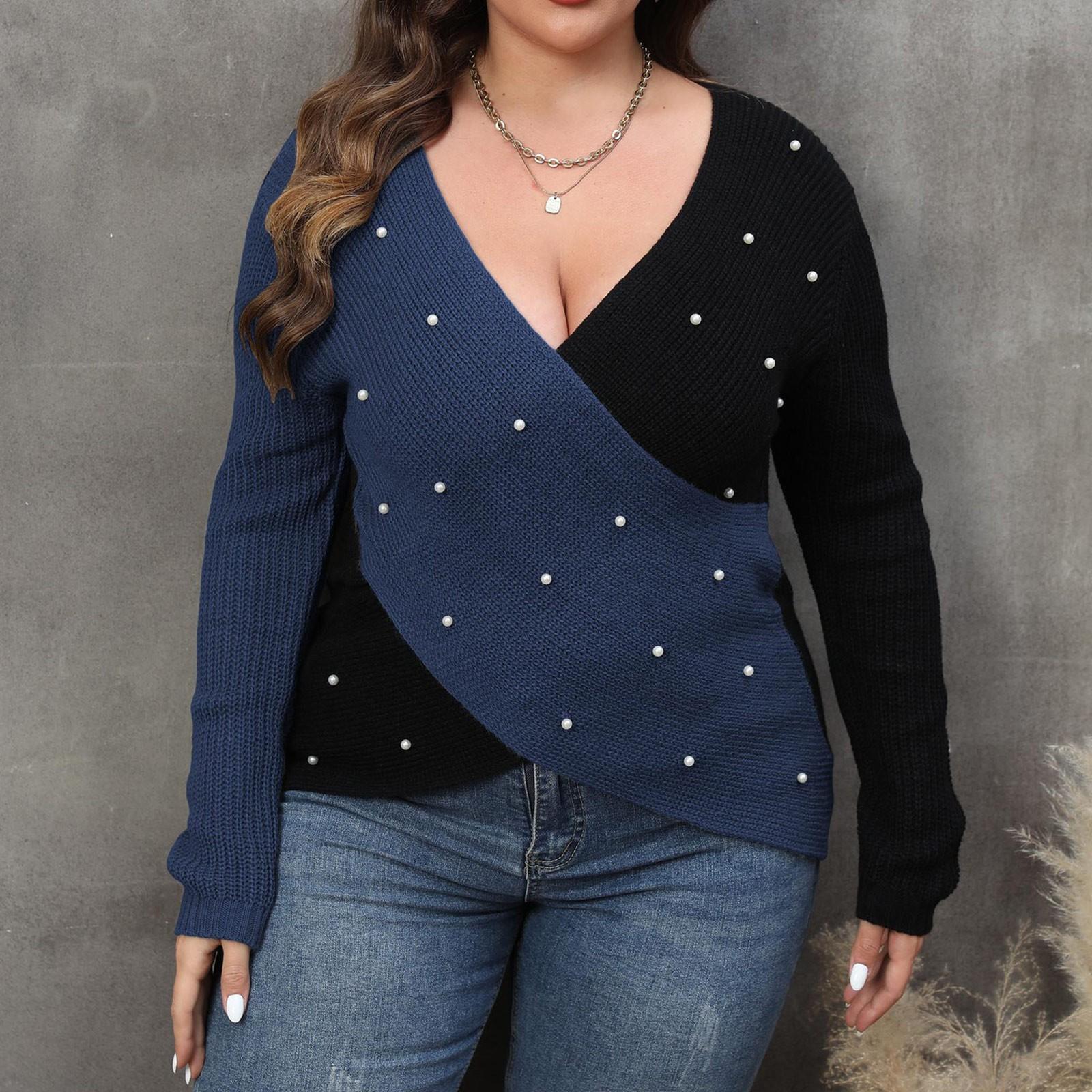 

Женская мода большой размер контрастные цвета сращивание глубокий V крест бисерный свитер XXL синий