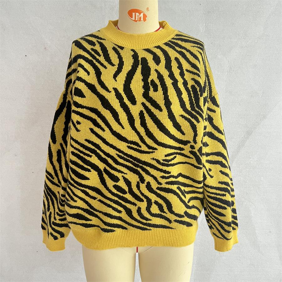 Women's new autumn and winter commuting knitted zebra print contrasting pullover sweater KTB