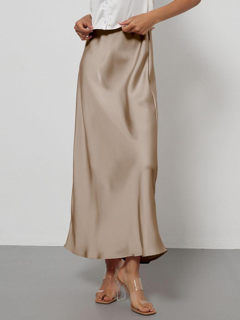 Women's Clothing Elegant Satin Midi Skirt Slim Fit High-Waisted Dress