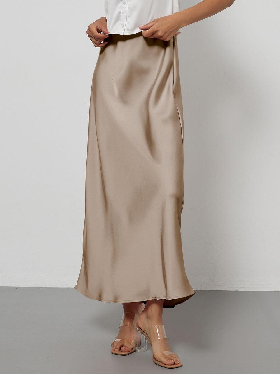 

Жіночий одяг Елегантна атласна міді-спідниця Приталена з високою посадкою Сукня XS верблюд