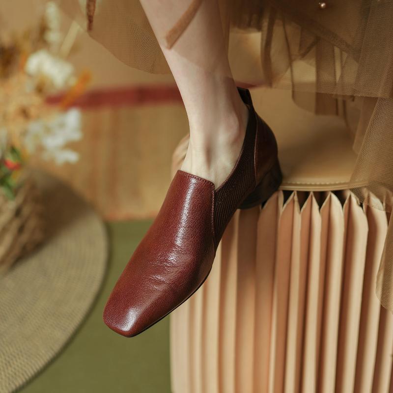 Retro Women Pumps High Heels 2024 Spring Summer Genuine Leather Square Toe Mature Basic Office Lady Elegant Shoes Woman Pumps