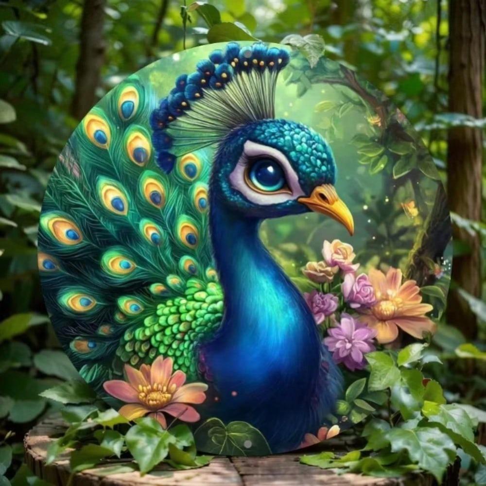 Peacock Metal Wall Art Round Home Decor Aluminum Sign