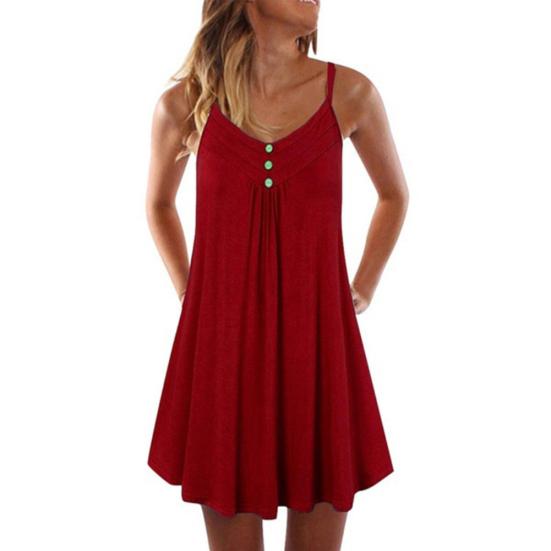 Women V Neck Sleeveless Buttons Pleated Large Hem Sundress Knee-length Dress