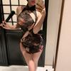 Passionate Chinese Cheongsam Lingerie See-Through Print Bodycon Skirt Seductive Costume