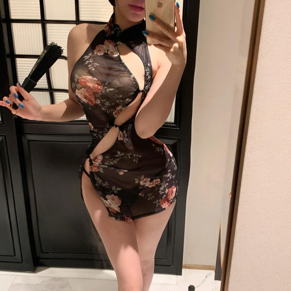 Passionate Chinese Cheongsam Lingerie See-Through Print Bodycon Skirt Seductive Costume