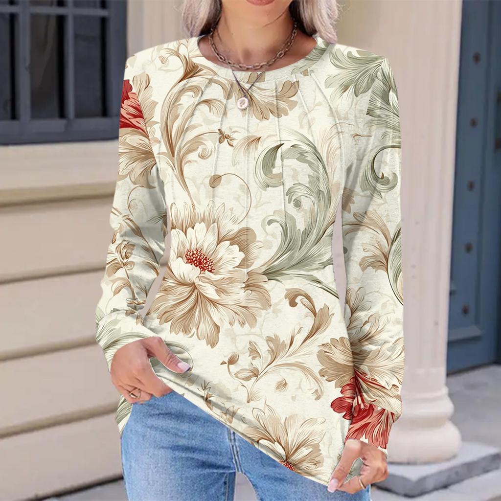 Women's Fashionable Casual Floral Retro Print Pleated Comfortable Round Neck Loose Long Sleeve T-shirt Top