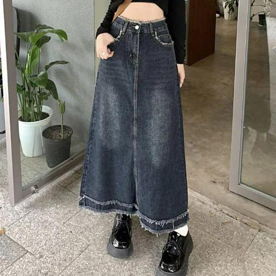2025 New High-Waisted Denim Skirts for Women - Mid-Length with Frayed Tassel Hem S