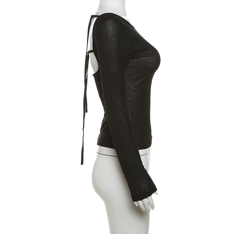 Dámské podzimní topy s dlouhým rukávem a výstřihem přes rameno, elastické, sexy, slim, bez zad, trička, dámské, nová móda, šněrovací, jednobarevné topy, trička