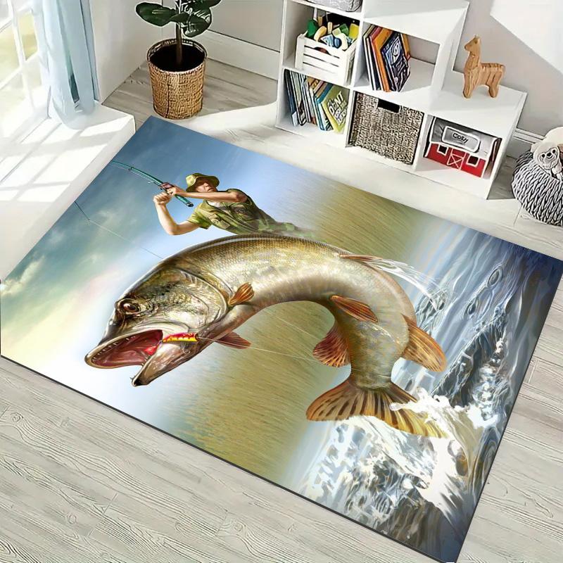 Tappeto Stampato Scenico Cacciatore di Pesca Pesce Grande Antiscivolo Rettangolare Tappetino da Pavimento Amante della Pesca Gaming Decorazione Soggiorno
