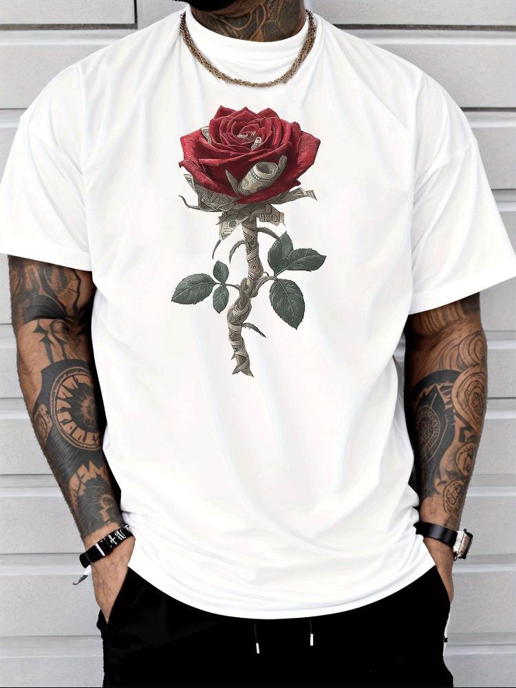 Unisex White Crew Neck Tee Dollar Rose Print Loose Oversized Short Sleeve Unisexs Streetwear Summer Casual Daily Basic Wear Top