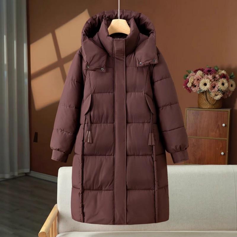 Womens Oversized Long Winter Coat With Hood Thick Cotton-Padded Outerwear Mid-Length Black Red Purple Coffee
