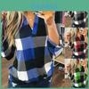 Stylish S-5xl Women's Long Sleeve Plaid T-shirt Blouse With V-neck Design
