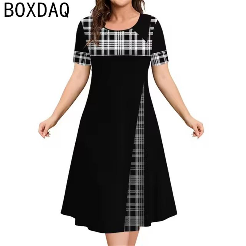 Womens Vintage Dress 3D Plaid Print A-line Dress Summer Short Sleeve O-Neck Casual Dress Lady Oversized Vacation Elegance Dress