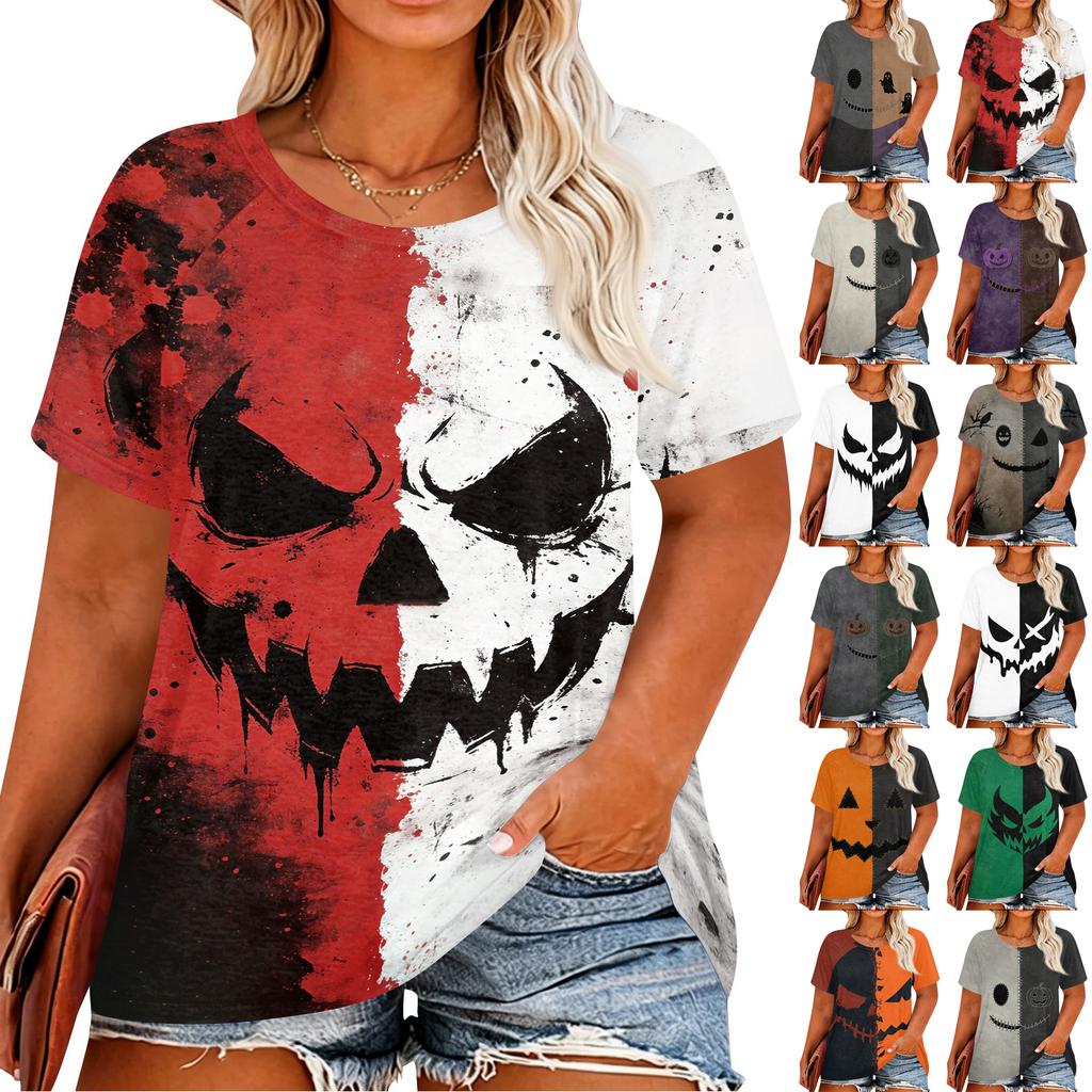 Women's Plus Size Casual Short Sleeve Neck T-Shirt with Halloween Print