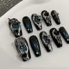 Y2K Cyberpunk Blue Cat Eye Dark Spicy Girl Nails - Handmade, Wearable, Removable