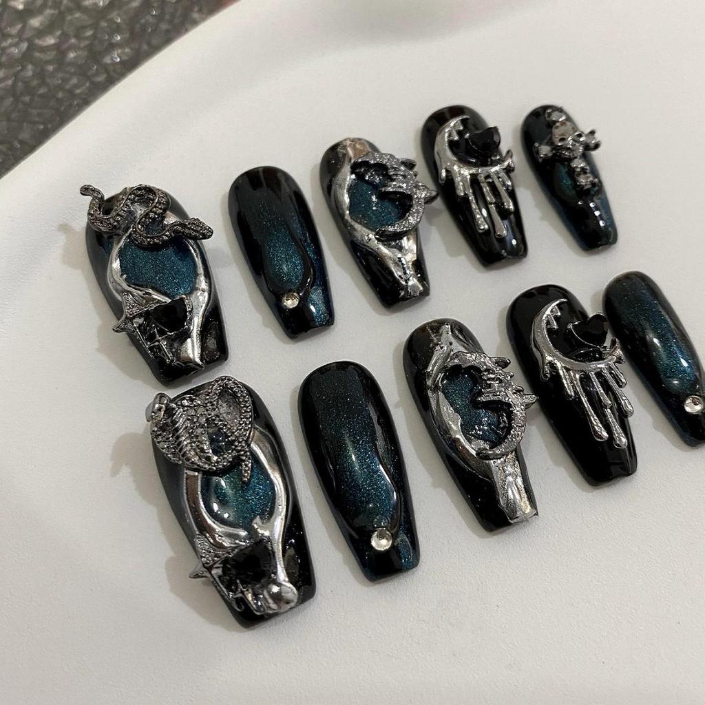 Y2K Cyberpunk Blue Cat Eye Dark Spicy Girl Nails - Handmade, Wearable, Removable